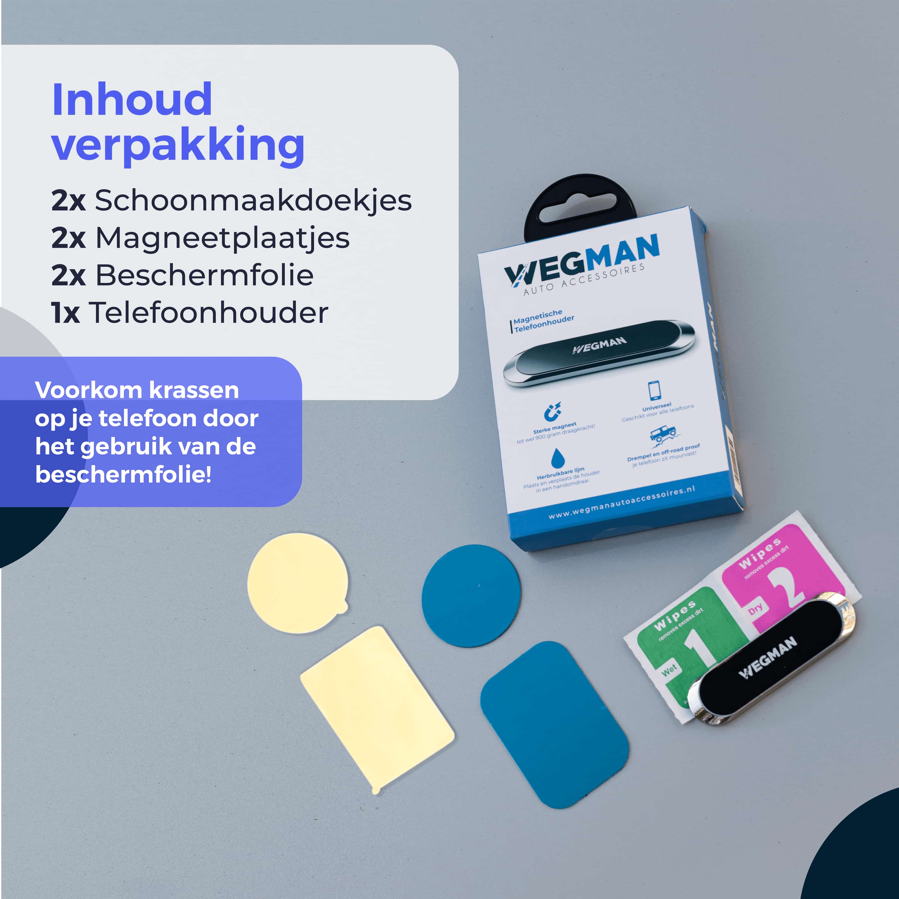 Inhoud verpakking van de Wegman telefoonhouder magneet