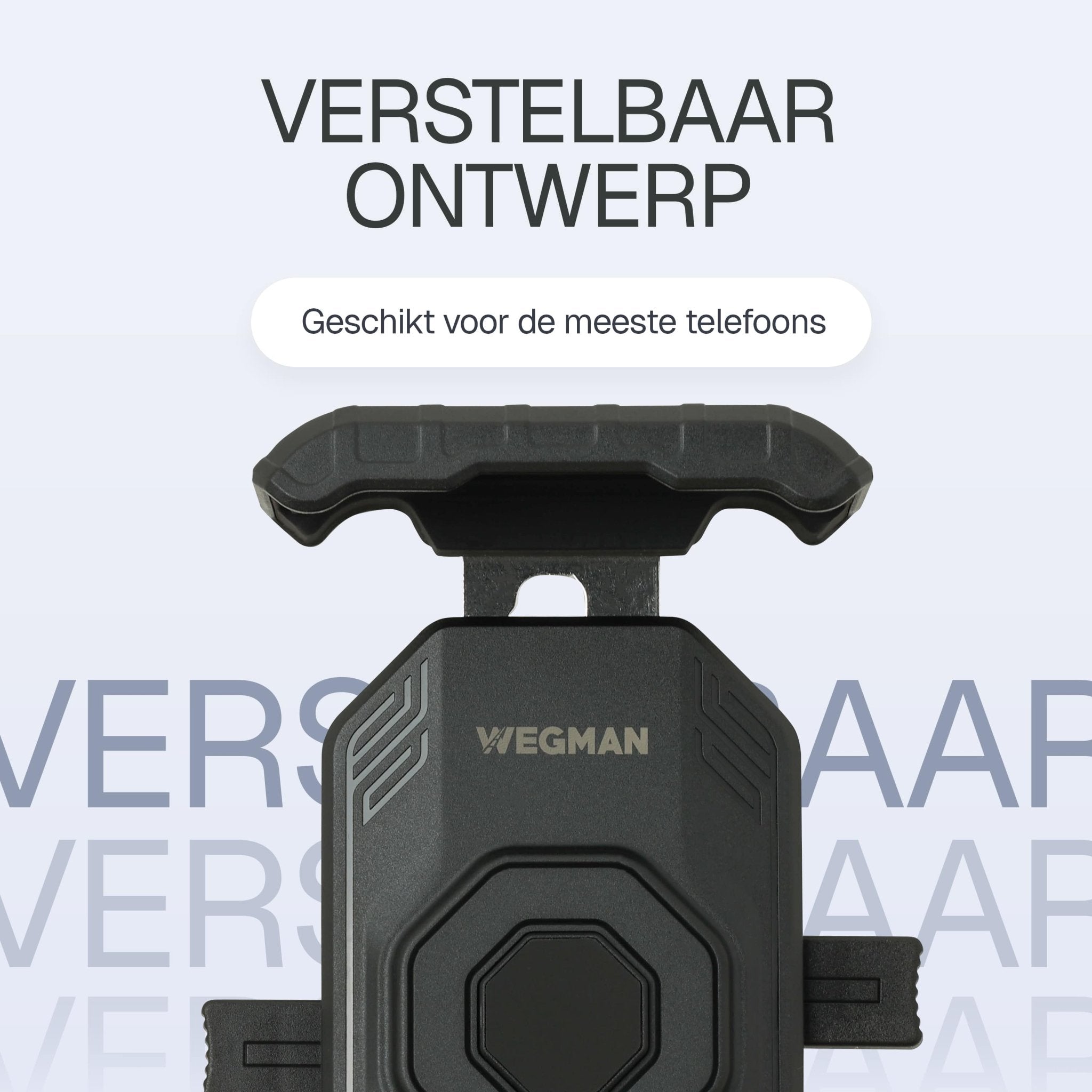 Close-up van Wegman fiets houder met verstelbare klem voor diverse smartphoneformaten