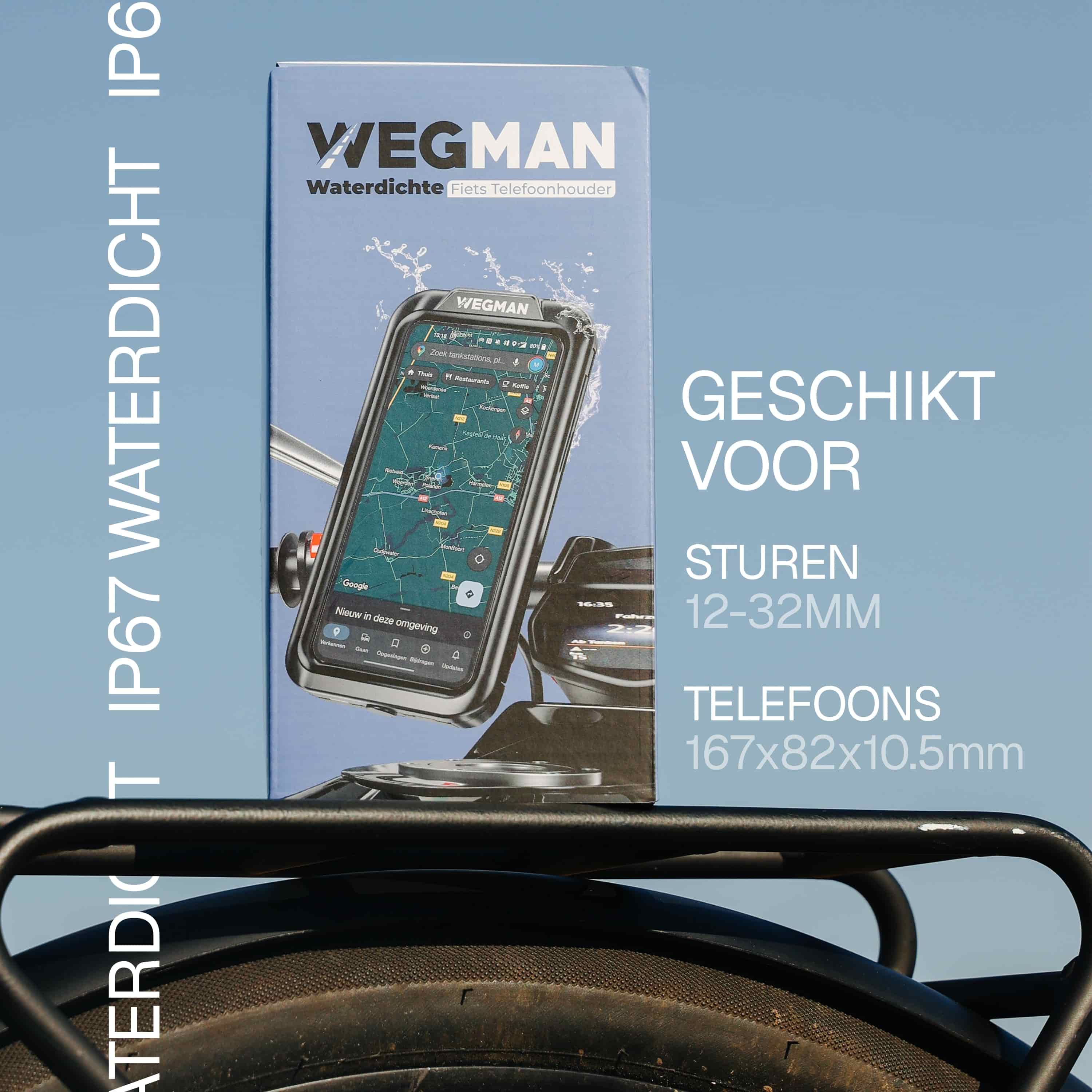 Verpakking van Wegman fiets telefoonhouder met installatiehandleiding achterop de fiets