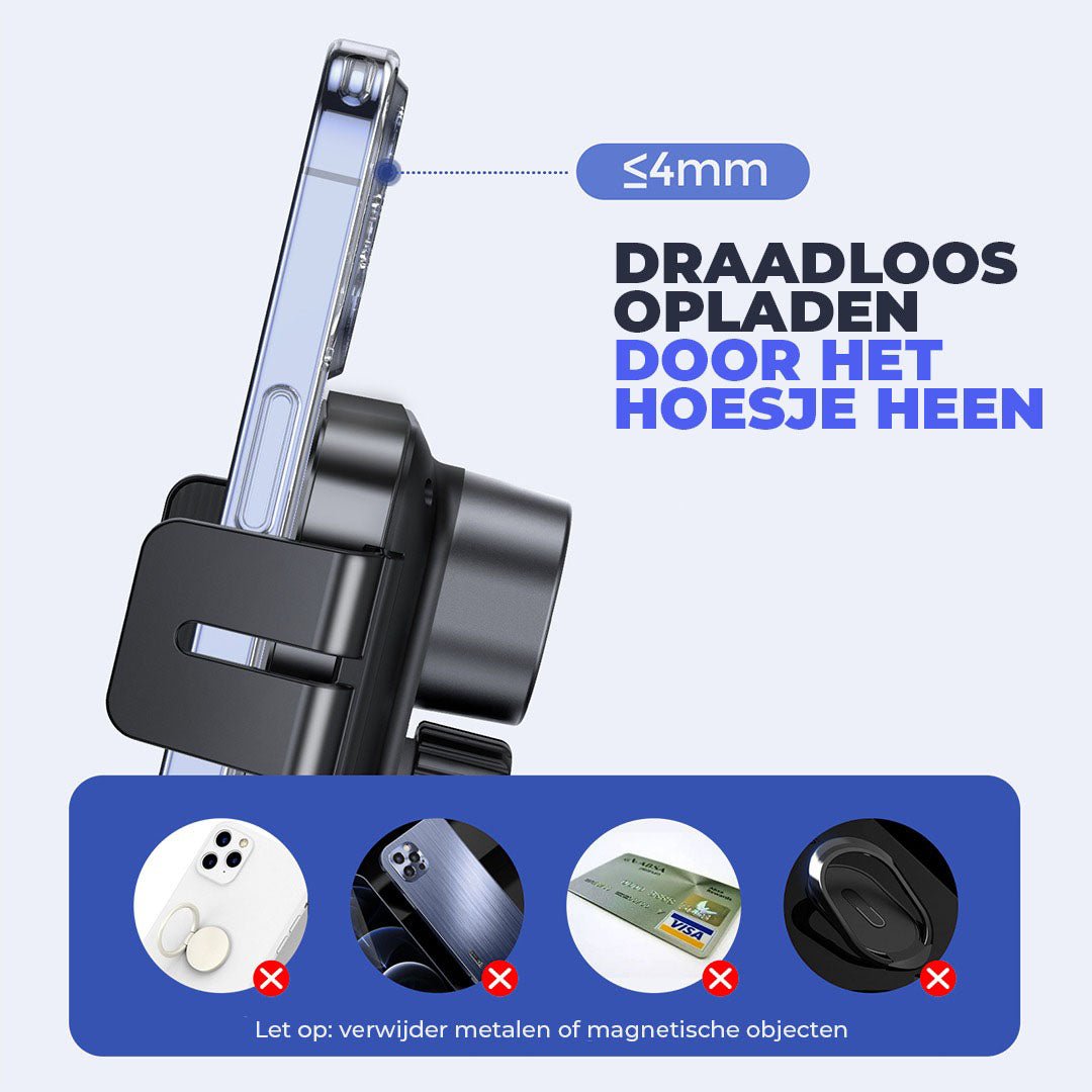 Wegman QI houder geschikt voor diverse smartphones ook met hoesje met draadloos opladen