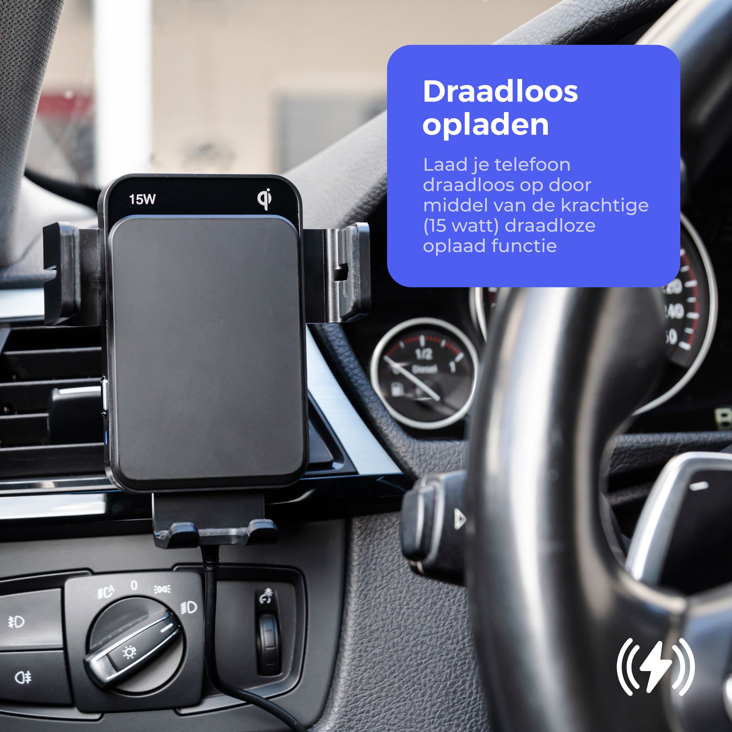 Draadloos opladen via een Telefoonhouder in de autoi