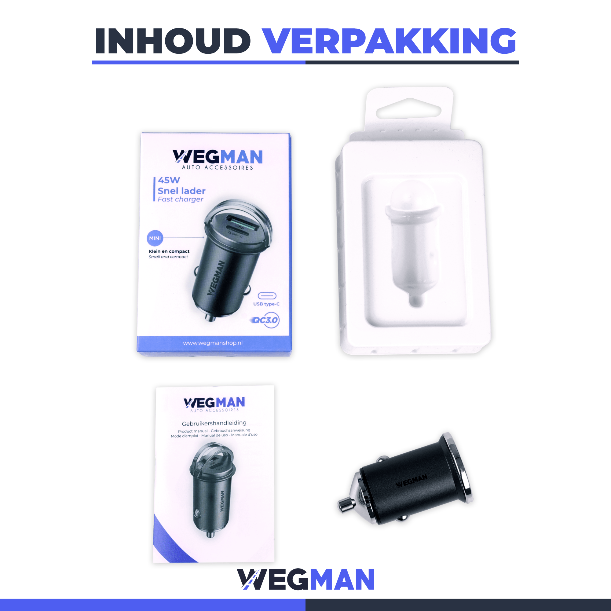 Inhoud van de verpakking van een Wegman 45W USB C USB Aautolader